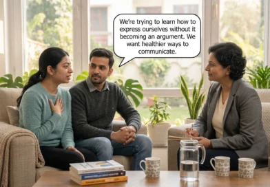 Couple discussing conflict in relationships with a counsellor for healthier communication and resolution.