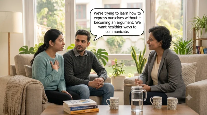 Couple discussing conflict in relationships with a counsellor for healthier communication and resolution.
