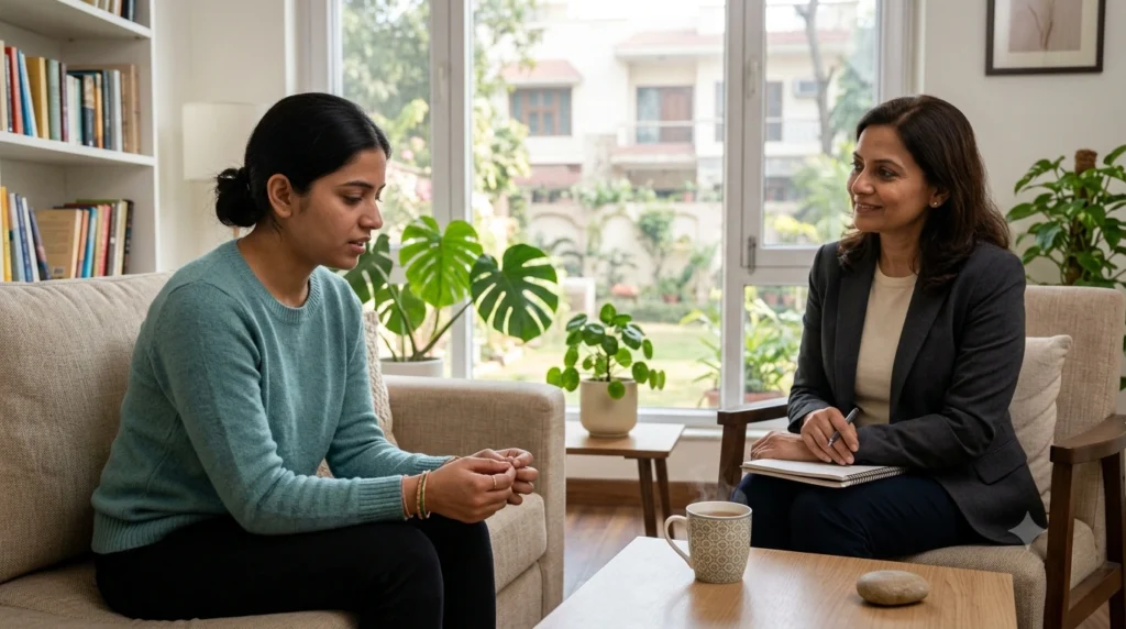 Woman experiencing social anxiety & avoiding eye contact during a conversation with a therapist