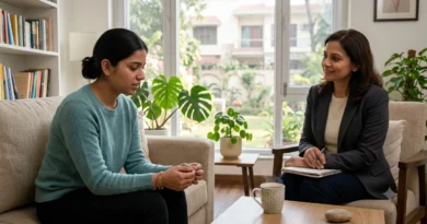 Woman experiencing social anxiety & avoiding eye contact during a conversation with a therapist