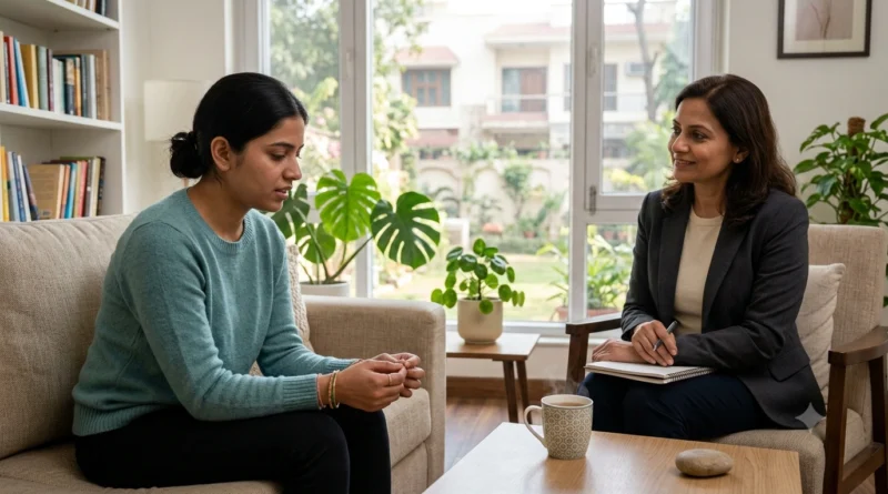 Woman experiencing social anxiety & avoiding eye contact during a conversation with a therapist