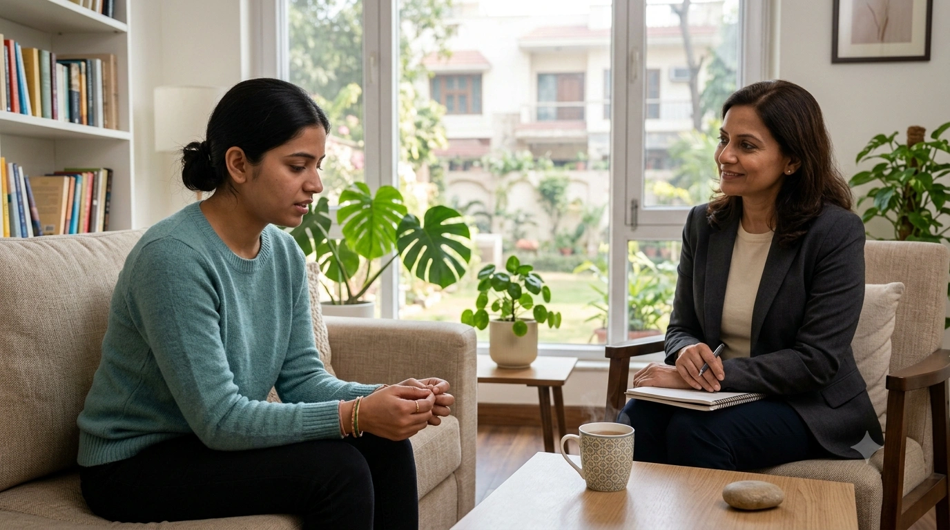 Woman experiencing social anxiety & avoiding eye contact during a conversation with a therapist
