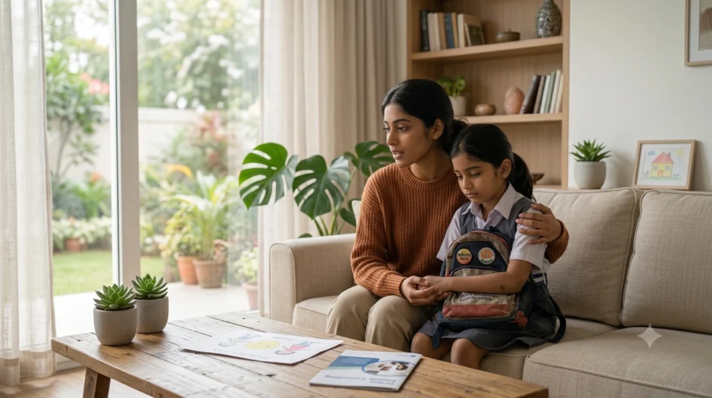 Parent comforting a sad child after bullying, helping rebuild confidence through emotional support and online counselling.