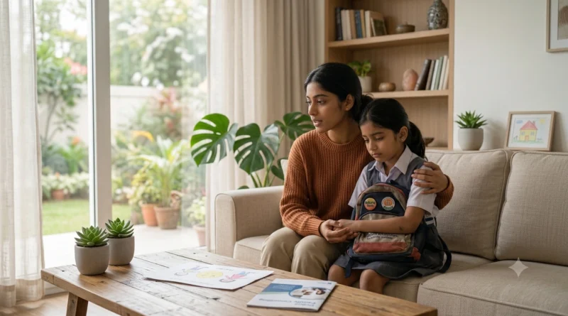 Parent comforting a sad child after bullying, helping rebuild confidence through emotional support and online counselling.