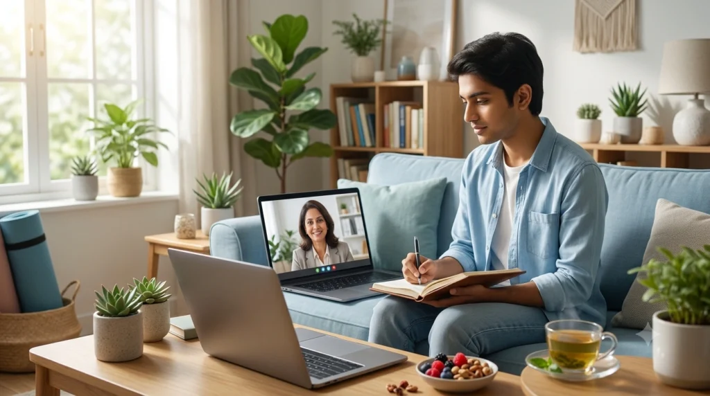 Person receiving online counselling for depression using CBT and natural therapy from a psychologist.