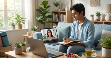 Person receiving online counselling for depression using CBT and natural therapy from a psychologist.