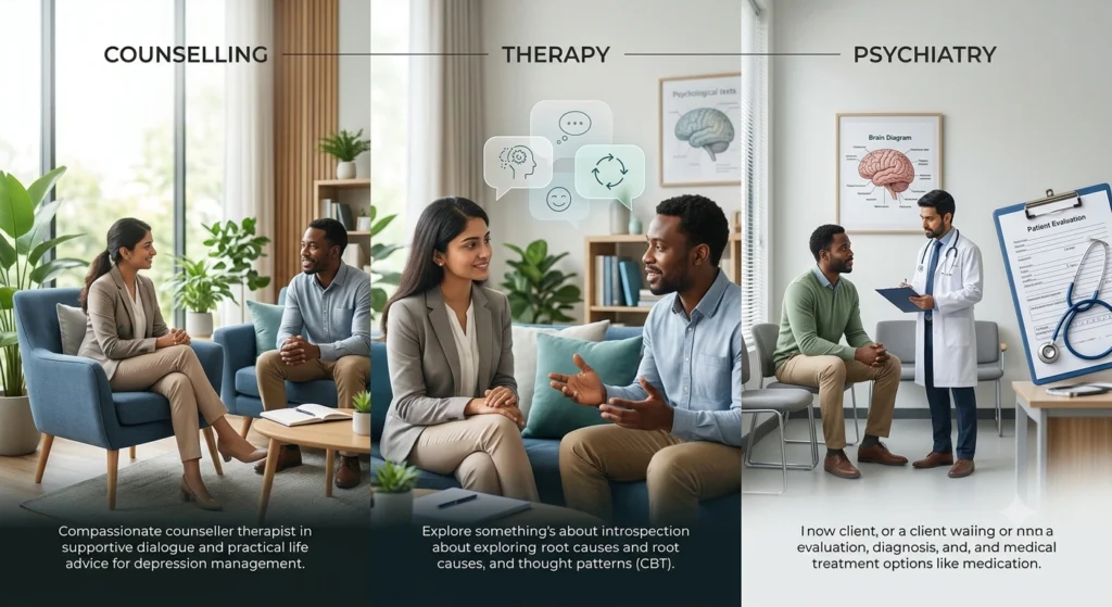 Person discussing depression treatment options with a mental health professional during an online counselling session.