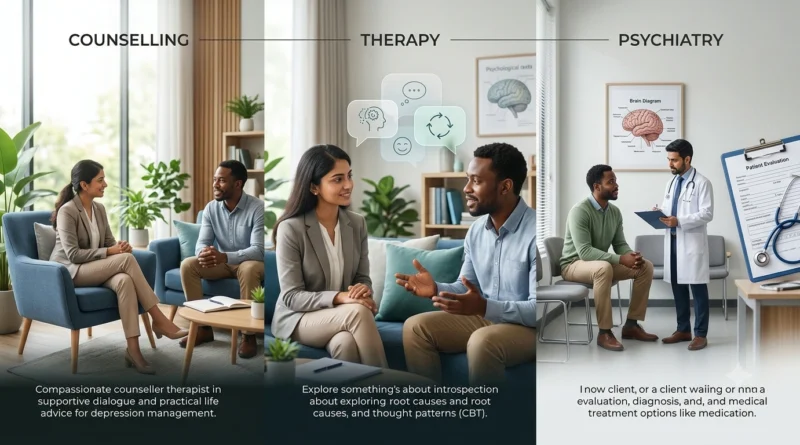 Person discussing depression treatment options with a mental health professional during an online counselling session.
