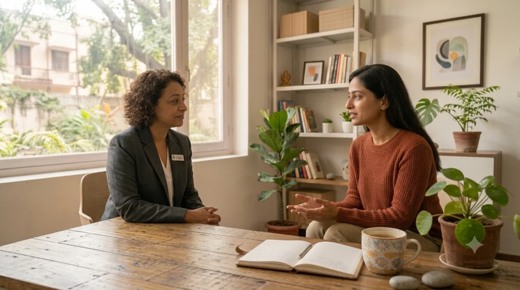 Therapist discussing CBT and schizophrenia treatment options with a patient