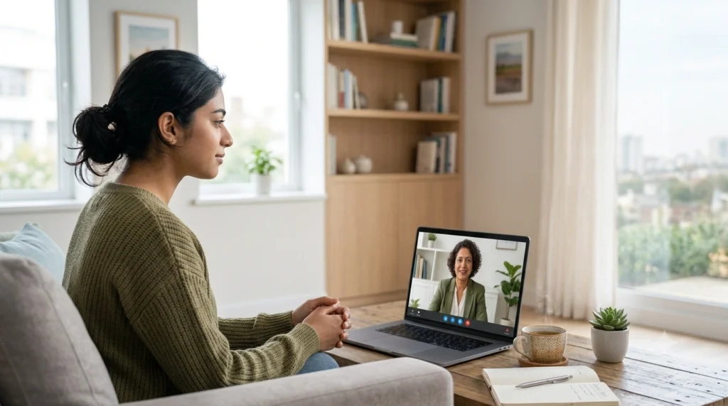 Person attending an online social anxiety counselling session to build confidence and manage anxiousness in social situations.