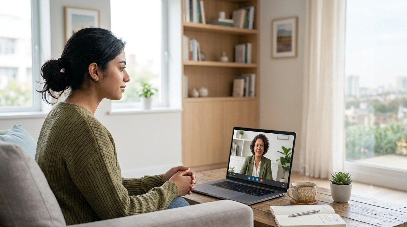 Person attending an online social anxiety counselling session to build confidence and manage anxiousness in social situations.