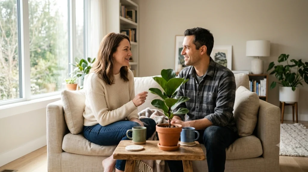 Couple having a respectful conversation about healthy boundaries with support through relationship counselling.