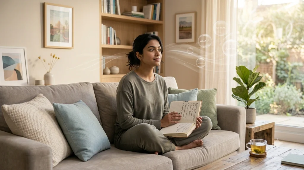 Person practising ACT techniques for anxiety through mindfulness to manage anxious thoughts calmly.