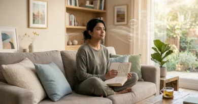 Person practising ACT techniques for anxiety through mindfulness to manage anxious thoughts calmly.