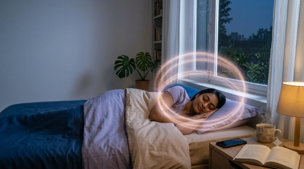 Person sleeping peacefully after hypnotherapy session, representing natural insomnia treatment without medication.
