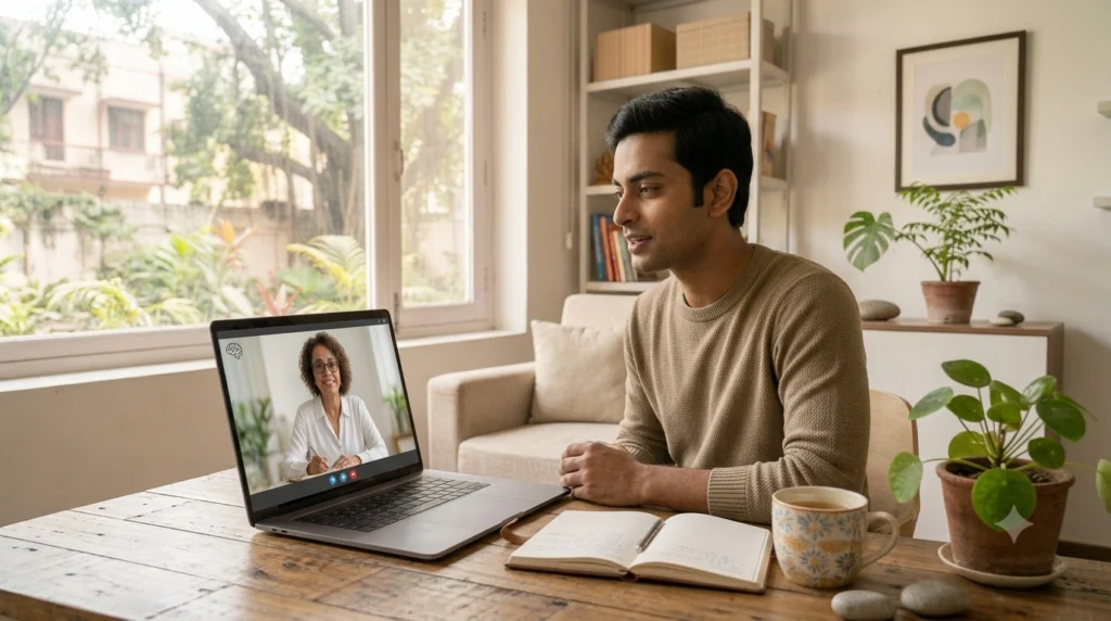 Person attending a secure virtual consultation with online psychiatrists for personalized mental health support.