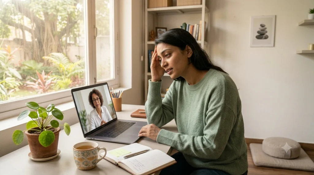 Person looking stressed during an online therapy session while a therapist offers guidance for managing chronic stress.