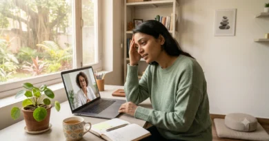 Person looking stressed during an online therapy session while a therapist offers guidance for managing chronic stress.