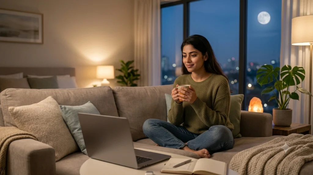 Person attending online PTSD therapy to reduce trauma-related nightmares and improve sleep quality.