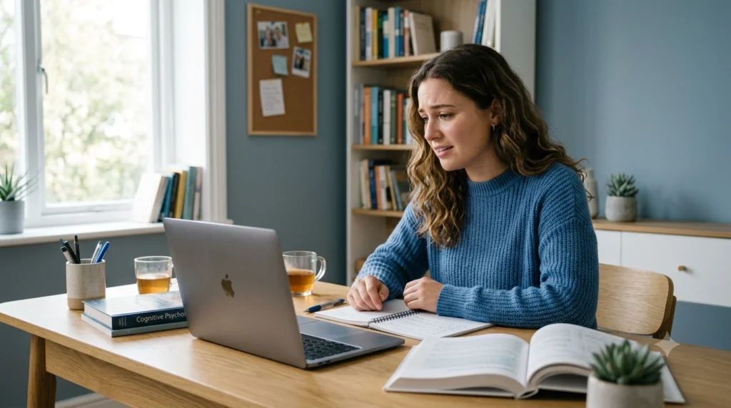 Student attending an online counselling session to manage academic stress and exam anxiety.