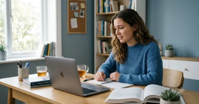 Student attending an online counselling session to manage academic stress and exam anxiety.