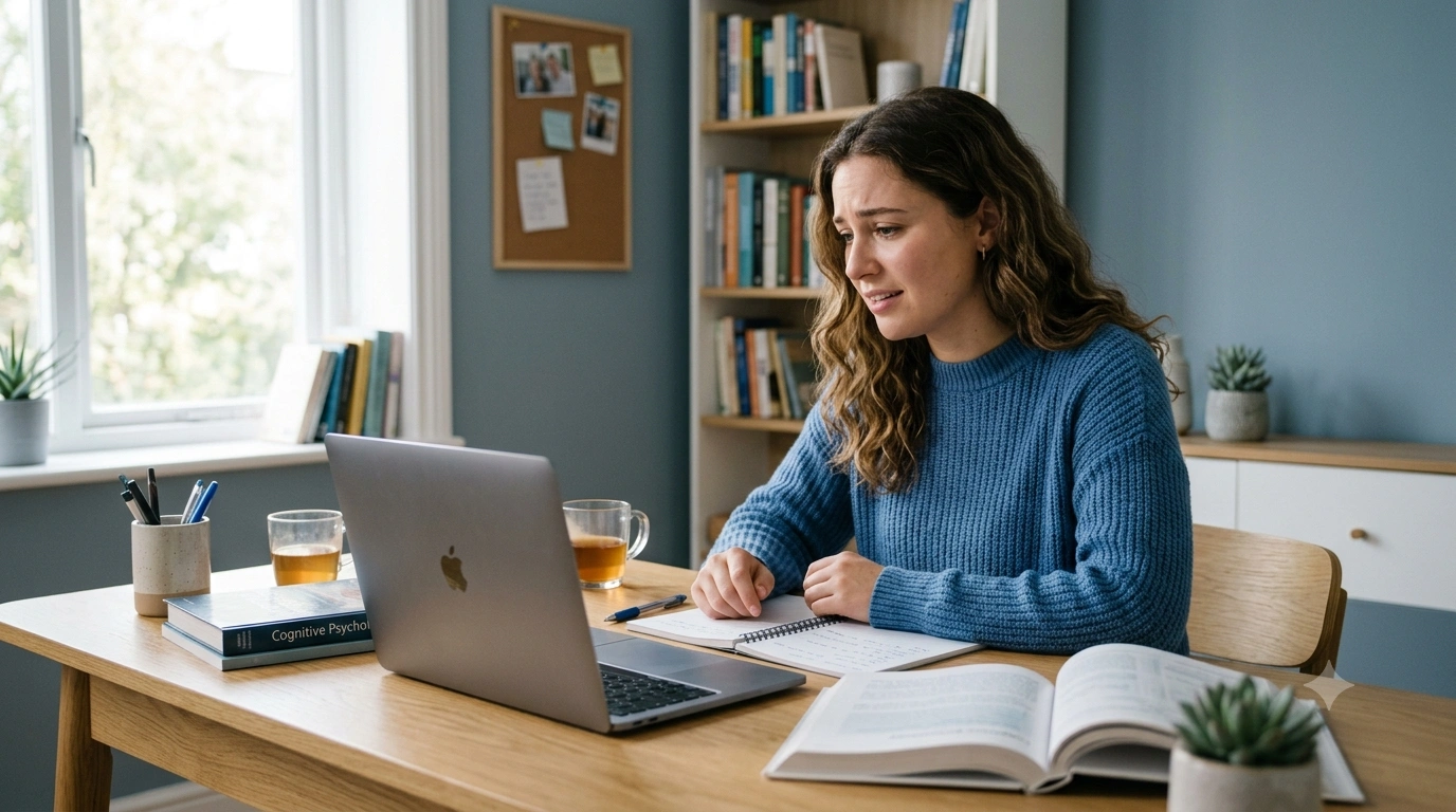 Student attending an online counselling session to manage academic stress and exam anxiety.