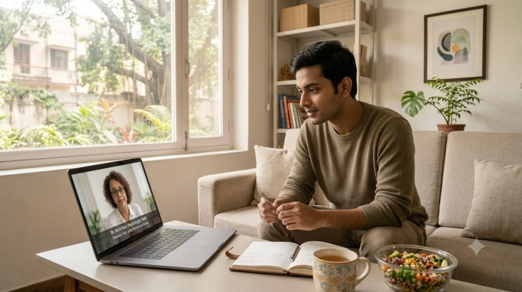 Person attending an online therapy session discussing eating disorders, anxiety, and emotional well-being with a psychologist.