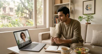 Person attending an online therapy session discussing eating disorders, anxiety, and emotional well-being with a psychologist.