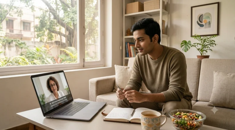 Person attending an online therapy session discussing eating disorders, anxiety, and emotional well-being with a psychologist.