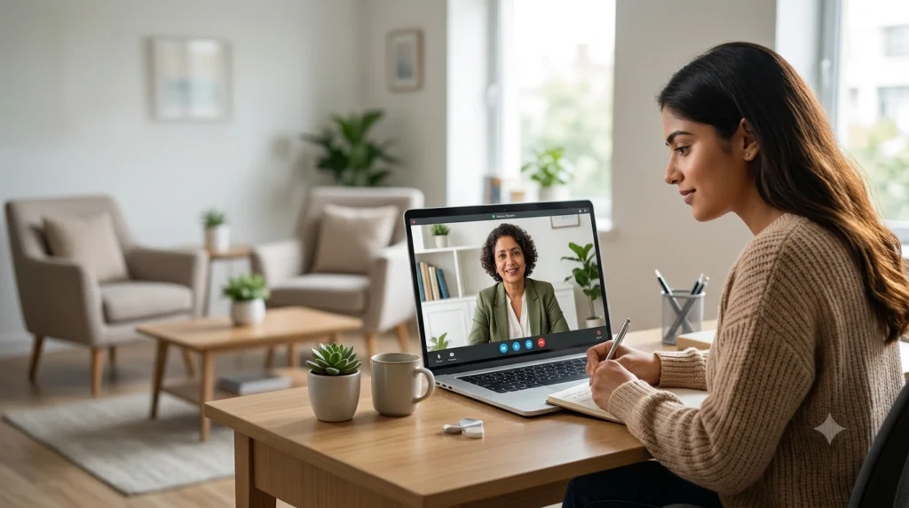 Person attending an online therapy session while comparing virtual and in-person anxiety treatment options.