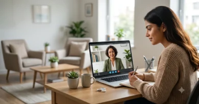 Person attending an online therapy session while comparing virtual and in-person anxiety treatment options.