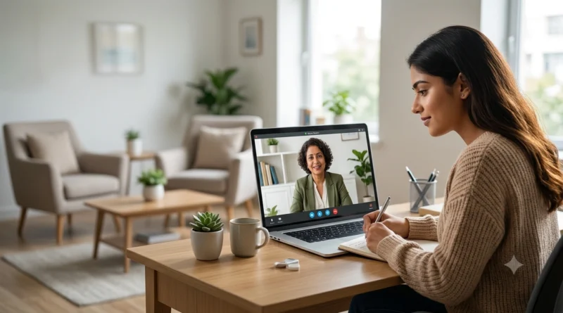Person attending an online therapy session while comparing virtual and in-person anxiety treatment options.