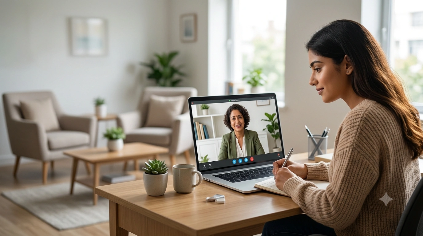 Person attending an online therapy session while comparing virtual and in-person anxiety treatment options.