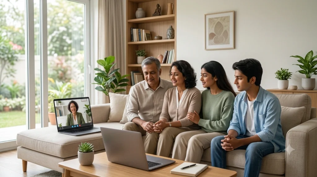 Family attending an online therapy session to improve communication & resolve family conflicts with a professional therapist.