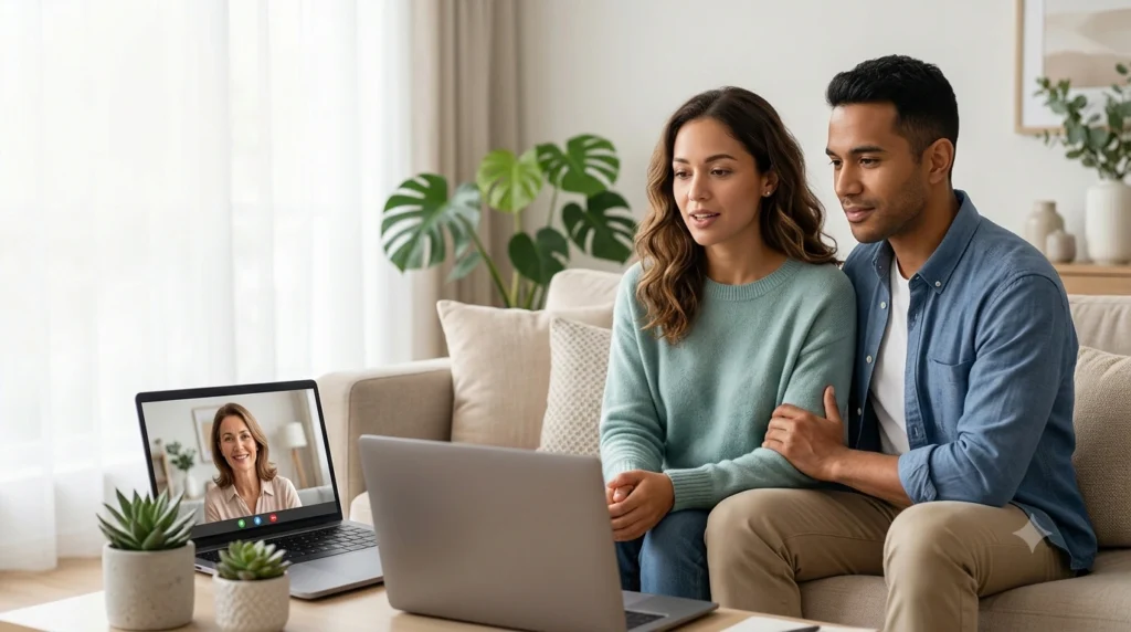 Couple discussing relationship issues with a psychologist during an online couples counselling session.