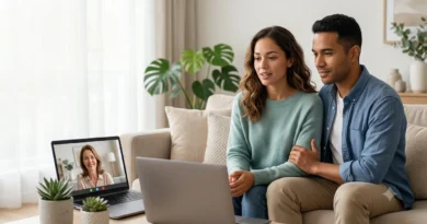 Couple discussing relationship issues with a psychologist during an online couples counselling session.