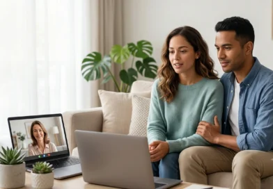Couple discussing relationship issues with a psychologist during an online couples counselling session.