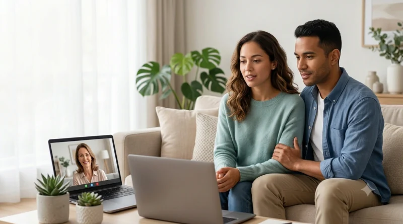 Couple discussing relationship issues with a psychologist during an online couples counselling session.