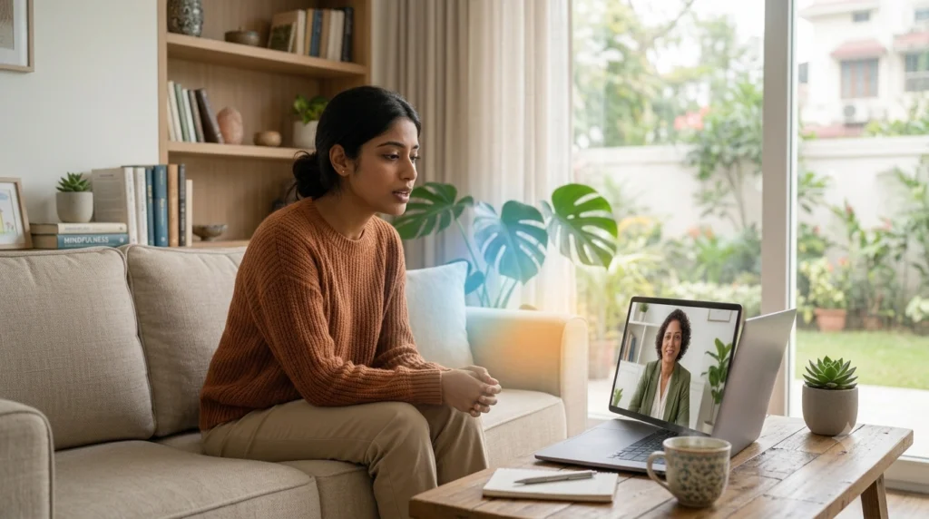 Person with bipolar mood swings speaking to an online counsellor during a supportive therapy session at home.