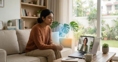 Person with bipolar mood swings speaking to an online counsellor during a supportive therapy session at home.