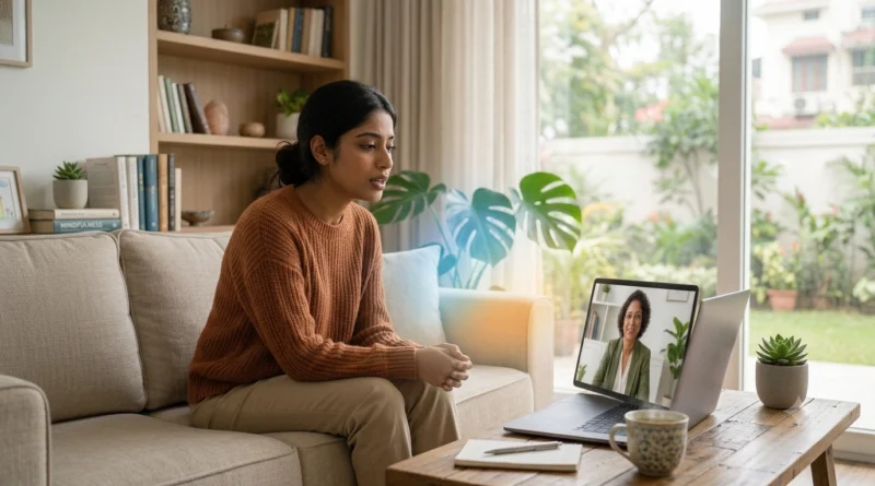 Person with bipolar mood swings speaking to an online counsellor during a supportive therapy session at home.