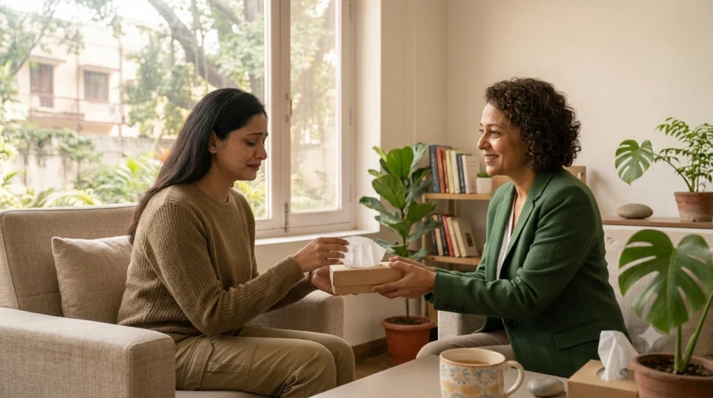 Person comforted during grief counselling session, coping with crying spells after loss