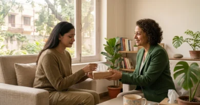 Person comforted during grief counselling session, coping with crying spells after loss