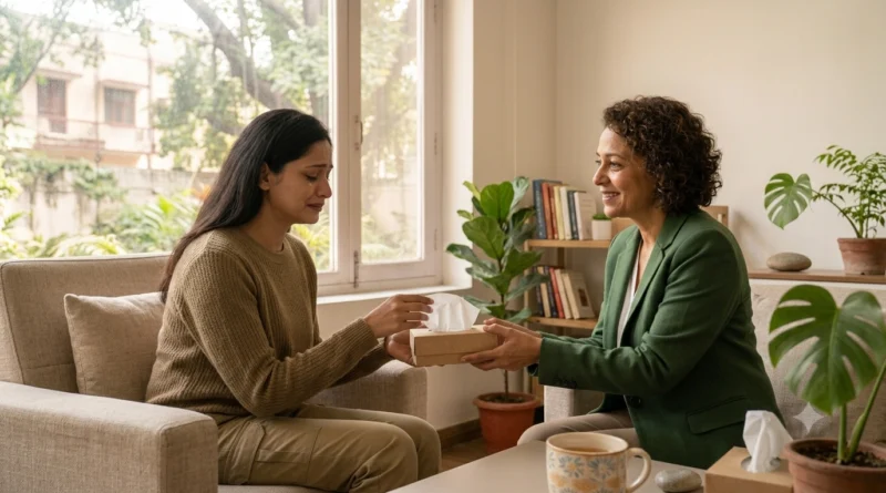 Person comforted during grief counselling session, coping with crying spells after loss