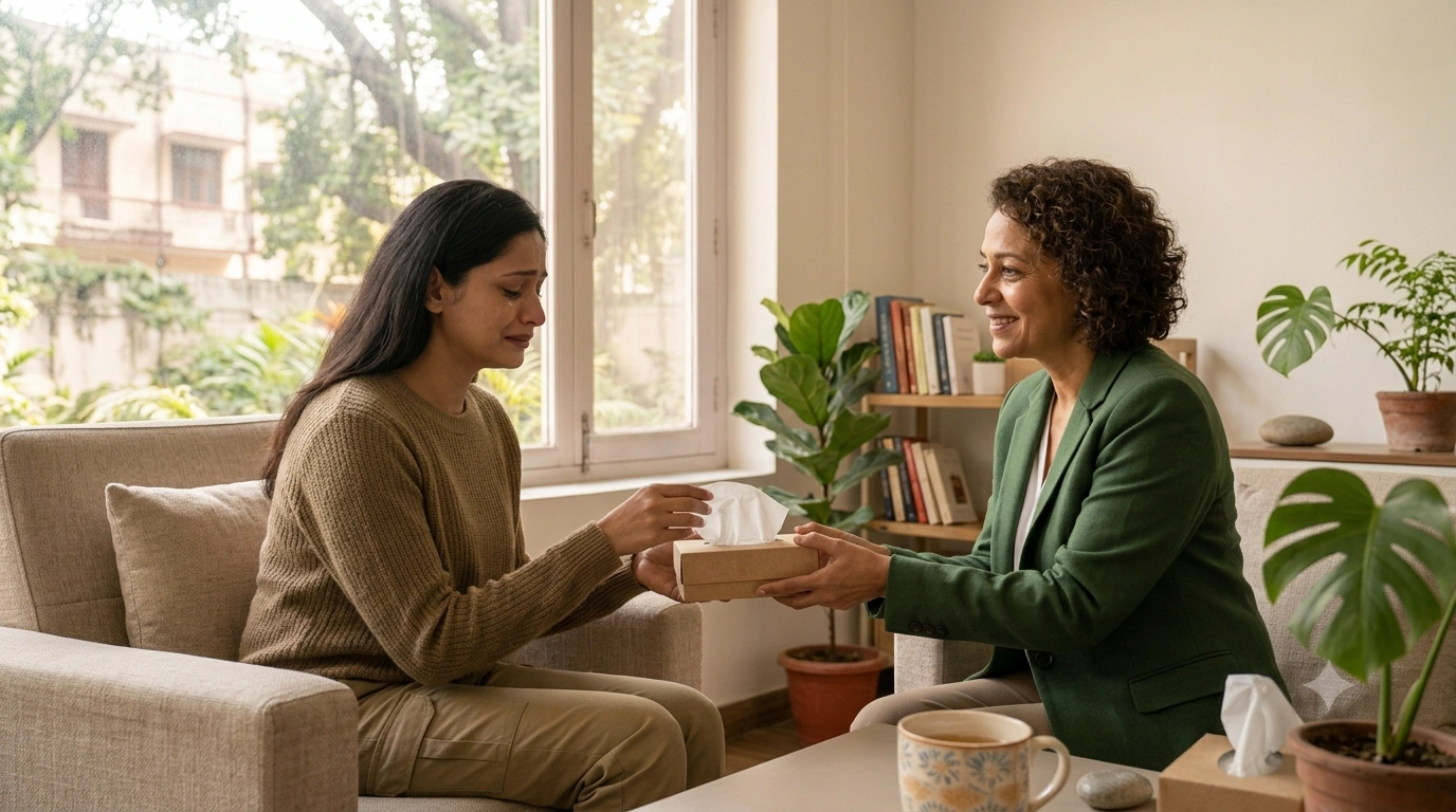 Person comforted during grief counselling session, coping with crying spells after loss