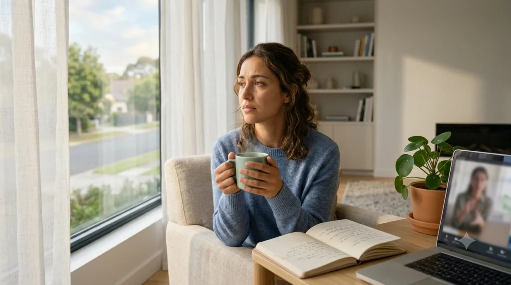 Person experiencing anxiety while looking out a window, representing Generalized Anxiety Disorder and online counselling support.