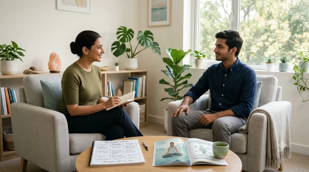 Person practicing mindfulness while a therapist explains CBT techniques for effective stress management online.