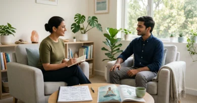 Person practicing mindfulness while a therapist explains CBT techniques for effective stress management online.