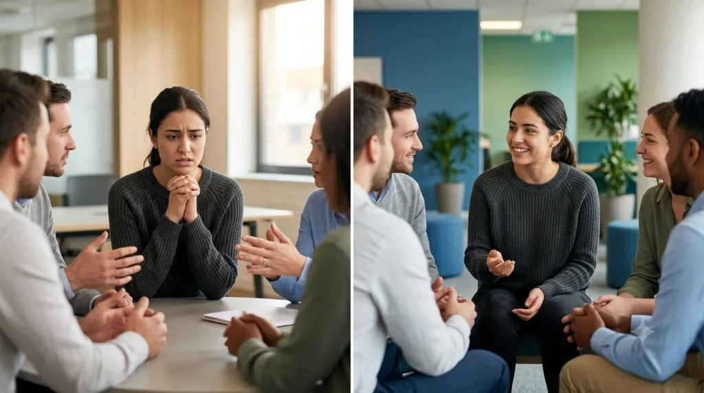 Person experiencing social anxiety during a conversation while CBT therapy helps build confidence and reduce fear.