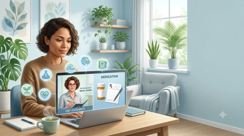 Therapist explaining therapy and medication options for effective stress treatment during an online counselling session.